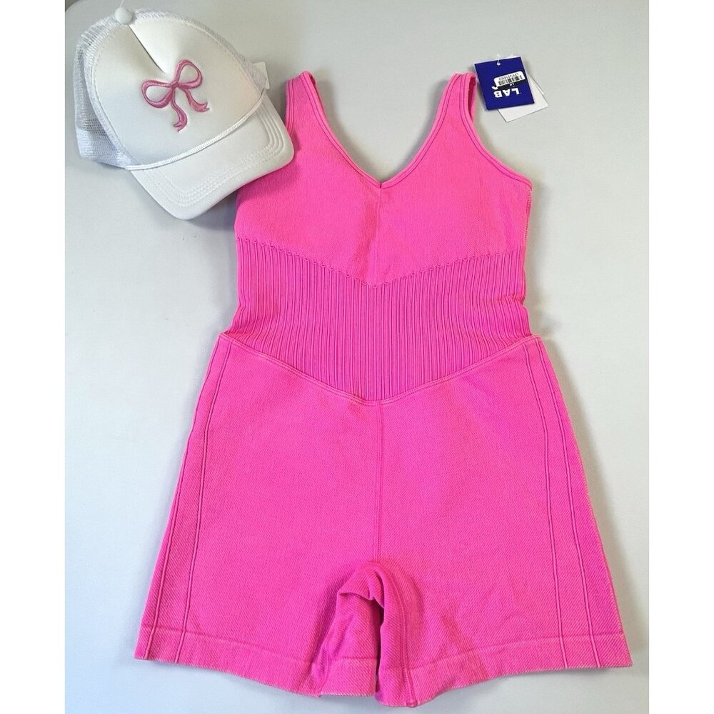 Joylab Short Bodysuit Pink Bow Trucker Hat Lot Active Workout Yoga Romper NWT M